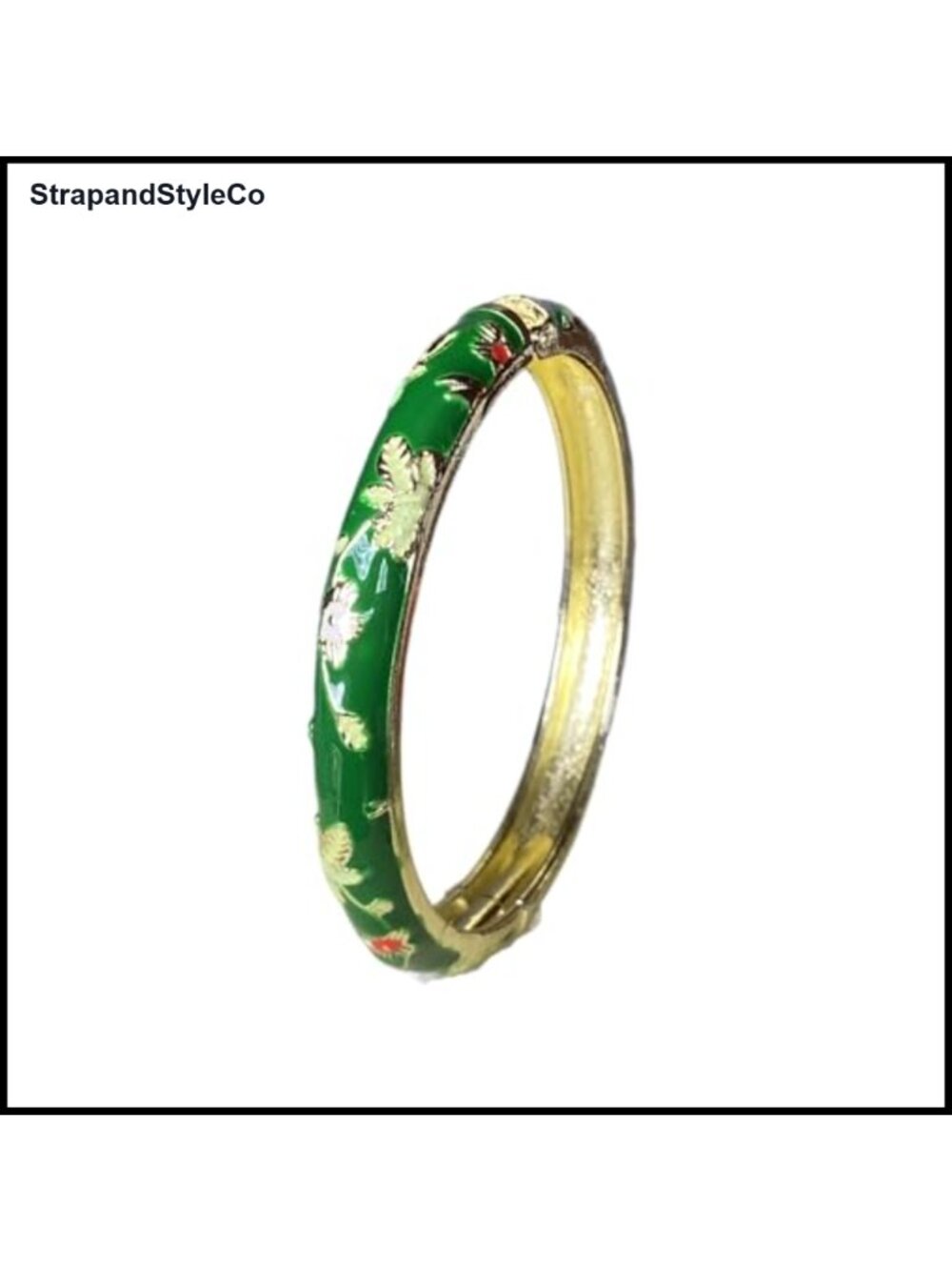 Handcrafted Cloisonne Enamel Floral Bangle Gold Tone Hinged Cuff Bracelet
